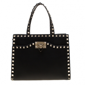 Pre Owned Valentino Black Leather Rockstud Around Top Handle Bag