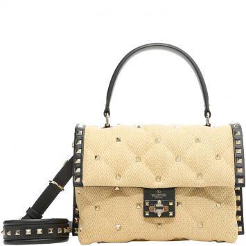 Pre Owned Valentino Naturale/Nero Quilted Raffia and Leather Candystud Top Handle Bag