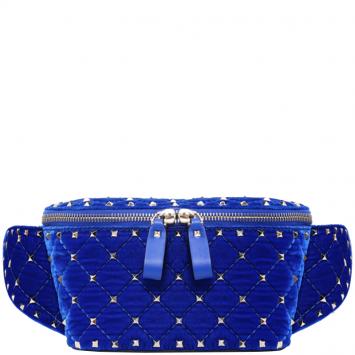 Pre Owned Valentino Acid Bluette Quilted Velvet Rockstud Spike Belt Bag