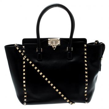 Pre Owned Valentino Black Leather Rockstud Trapeze Double Handle Bag
