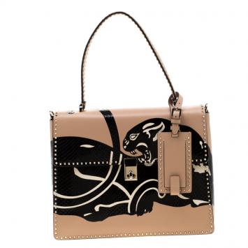 Pre Owned Valentino Camel Rose/Al Campione Smooth Leather Stud Stitching Panther Top Handle Bag