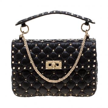 Pre Owned Valentino Black Moncler Quilted Nylon Medium Rockstud Spike Chain Shoulder Bag