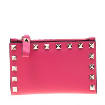 Pre Owned Valentino Shadow Pink Leather Rockstud Card Holder