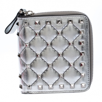 Pre Owned Valentino Silver Leather Rockstud Spike Zip Around Wallet