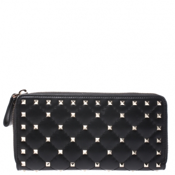 Pre Owned Valentino Black Quilted Leather Rockstud Spike Zip Around Wallet