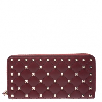 Pre Owned Valentino Red Quilted Leather Rockstud Spike Zip Around Wallet