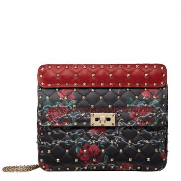 Pre Owned Valentino Two Tone Chain Rose by Undercover Print Leather Medium Spike.It Chain Shoulder Bag