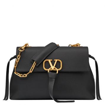 Pre Owned Valentino Black Grainy Leather Medium VRING Chain Shoulder Bag