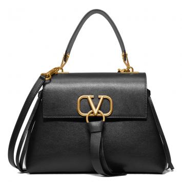 Pre Owned Valentino Black Leather Small VRING Top Handle Bag
