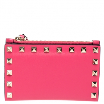 Pre Owned Valentino Pink Leather Rockstud Bifold Wallet