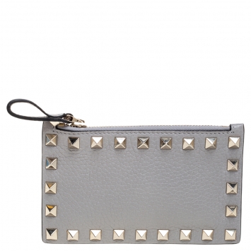 Pre Owned Valentino Pastel Grey Leather Rockstud Coin Purse and Card Holder