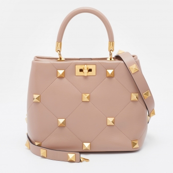 Pre Owned Valentino Beige Leather Roman Stud Top Handle Bag