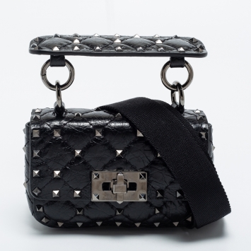 Pre Owned Valentino Black Leather Micro Rockstud Spike Top Handle Bag