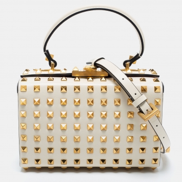 Pre Owned Valentino Off White Leather Rockstud Alcove Top Handle Bag