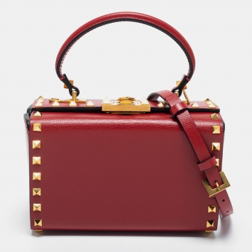 Pre Owned Valentino Red Leather Rockstud Alcove Top Handle Bag