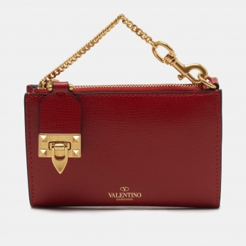 Pre Owned Valentino Red Leather Rockstud Twist Lock Zip Wallet 