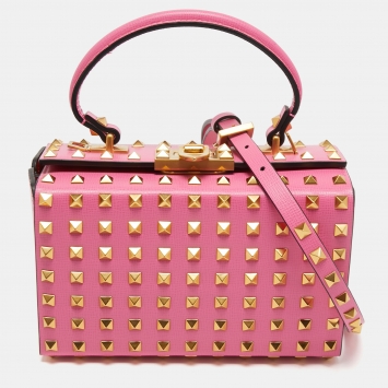 Pre Owned Valentino Pink Leather Rockstud Alcove Top Handle Bag