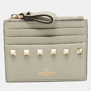 Pre Owned Valentino Light Grey Leather Rockstud Zip Card Holder