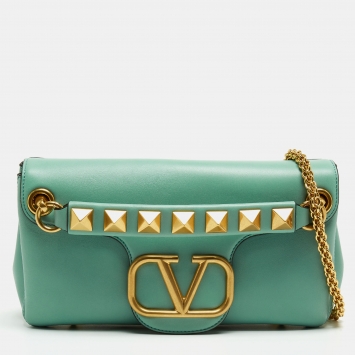 Pre Owned Valentino Mint Green Leather Stud Shoulder Bag