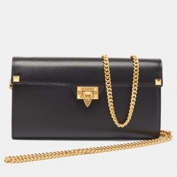 Pre Owned Valentino Black Leather Alcove Rockstud Wallet on Chain
