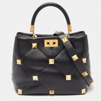 Pre Owned Valentino Black Quilted Leather Medium Roman Stud Top Handle Bag