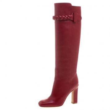 Pre Owned Valentino Red Leather Braided Over the Knee Boots Size 36