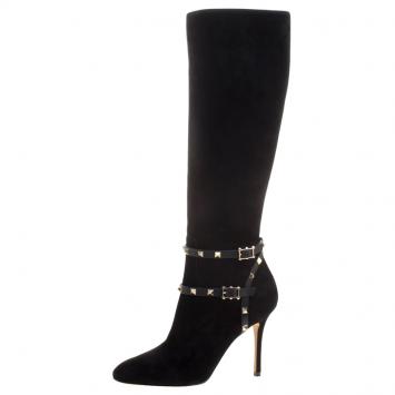 Pre Owned Valentino Black Suede Rockstud Knee Length Boots Size 41