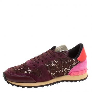 Pre Owned Valentino Burgundy Leather and Macramé Lace Sneakers Size 39