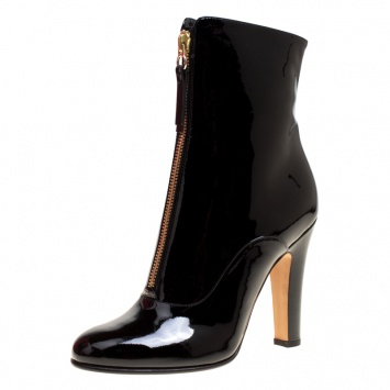 Pre Owned Valentino Black Patent Leather Zip Detail Mid Calf Boots Size 40