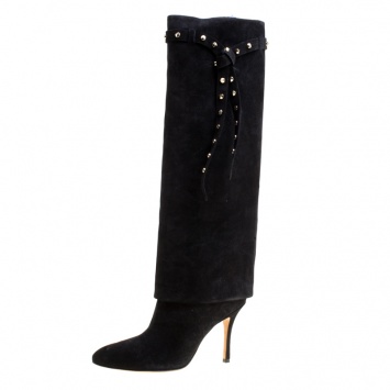 Pre Owned Valentino Black Suede Rockstud Tie Foldover Knee Length Boots Size 37