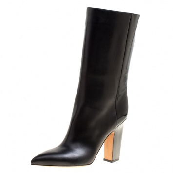 Pre Owned Valentino Black Leather Mid Calf Pointed Toe Boots Size 39.5