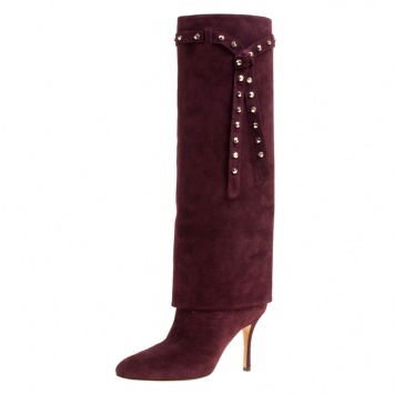 Pre Owned Valentino Burgundy Suede Rockstud Tie Foldover Knee Length Boots Size 37
