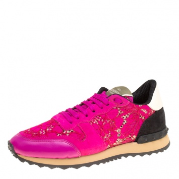 Pre Owned Valentino Fuchsia Pink Leather and Macramé Lace Sneakers Size 37