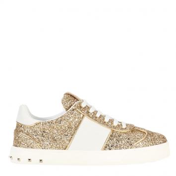 Pre Owned Valentino Gold/White Glitter and Leather Flycrew Sneakers Size 38