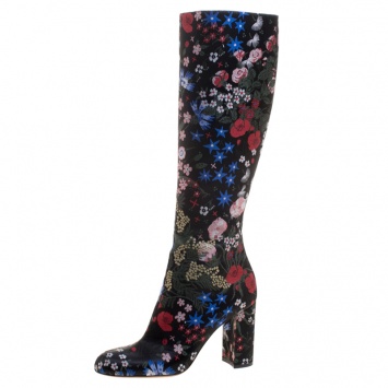 Pre Owned Valentino Black Spring Garden Brocade Knee Length Boots Size 38