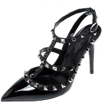 Pre Owned Valentino Black Patent Leather Rockstud Ankle Strap Sandals Size 35.5