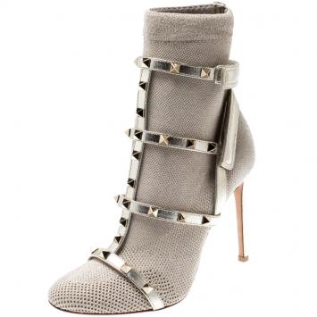 Pre Owned Valentino Platino Stretch Knit and Leather Rockstud Bodytech Ankle Boots Size 37