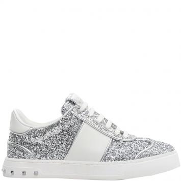 Pre Owned Valentino Argento/Bianco Glitter Flycrew Lace Up Sneakers Size 39.5