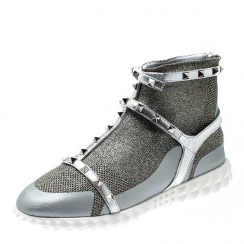 Pre Owned Valentino Silver/Bianco Stretch Knit and Leather Rockstud Bodytech High Top Sneakers Size 38.5