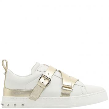 Pre Owned Valentino Bianco/Platino Soft Nappa Leather V-Punk Velcro Sneakers Size 38.5