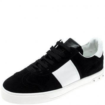 Pre Owned Valentino Bianco/Nero Suede and Leather Flycrew Lace Up Sneakers Size 39
