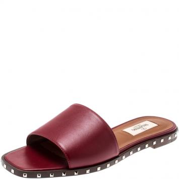 Pre Owned Valentino Rubino/Noce Scuro Leather Soul Rockstud Flat Slides Size 37.5