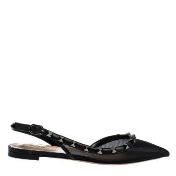 Pre Owned Valentino Black Mesh and Leather Rockstud Pointed Toe Slingback Flats Size 39