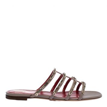Pre Owned Valentino Poudre Leather Chain Caged Flat Slides Size 39