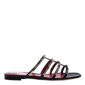 Pre Owned Valentino Black Leather Chain Caged Flat Slides Size 36.5