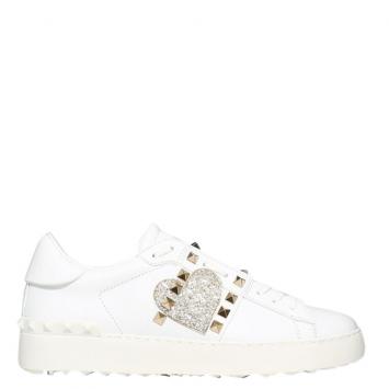 Pre Owned Valentino White Heart Embroidered Leather Rockstud Untitled Sneakers Size 38.5