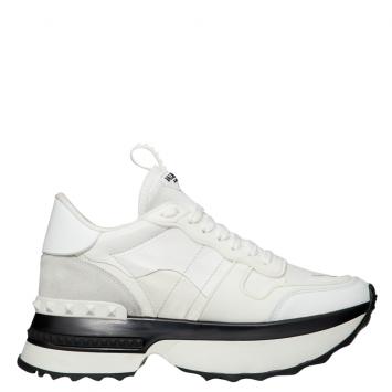Pre Owned Valentino White Fabric and Leather Camouflage Rockrunner.Up Platform Sneakers Size 37.5