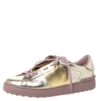 Pre Owned Valentino Metallic Gold Band Leather Open Low Top Sneakers Size 38