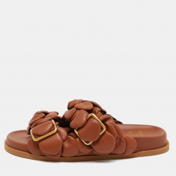 Pre Owned Valentino Tan Leather Rose Atelier Flat Slides Size 38