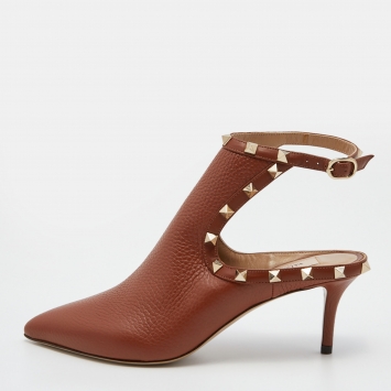 Pre Owned Valentino Brown Leather Rockstud Cutout Pointed Toe Ankle Boots Size 36.5